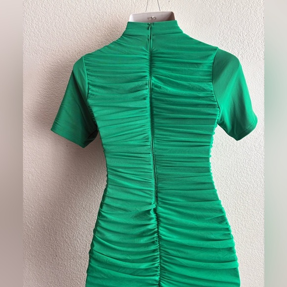 Elegant Stand Collar Green Bodycon Ruched Dress L - Picture 9 of 13